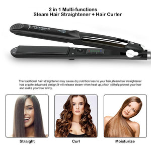 2 in 1 Steam Hair Straightener and Curler Flat Iron With Vapor Ceramic Tourmaline