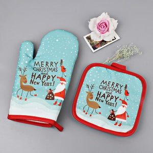 1 Set Christmas Baking Anti-Hot Gloves&Pad Oven&Microwave Insulation Mat